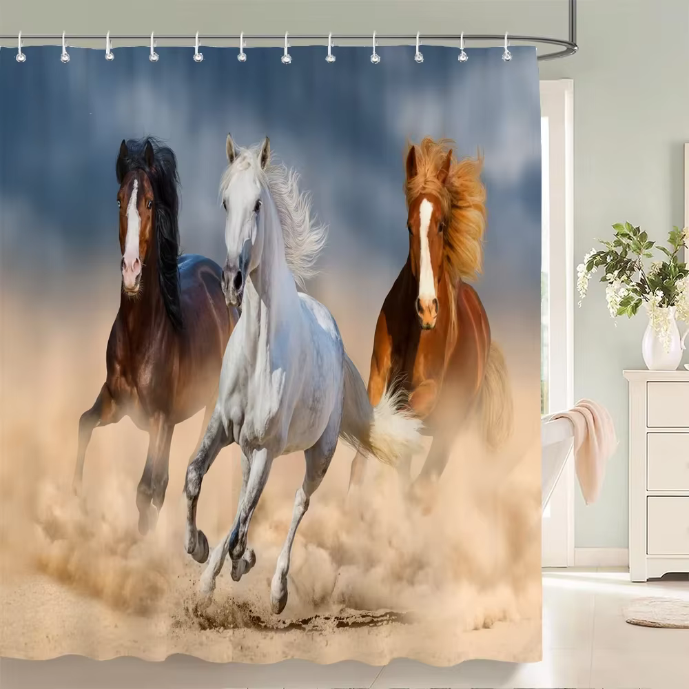 Rideau de douche cheval et éléphant, impression 3D, imperméable, polyester, animaux, rideaux de sall