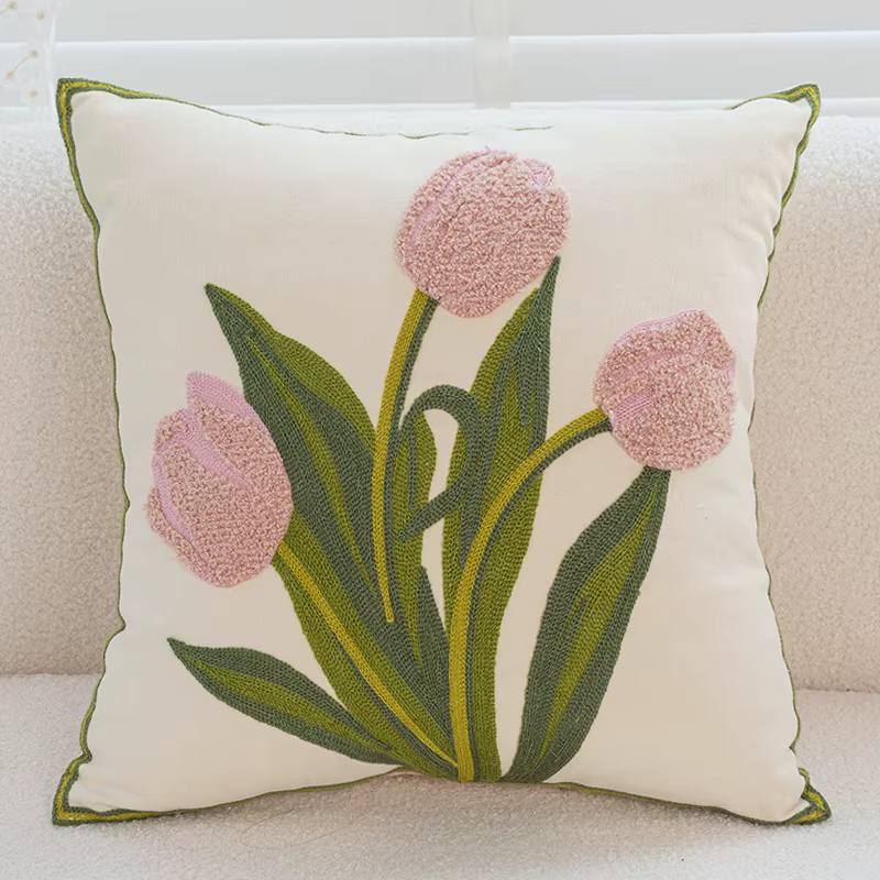 Oreiller rond à fleurs françaises, 45x45cm, avec noyau, pour canapé, salon, tulipe, baie vitrée, cou