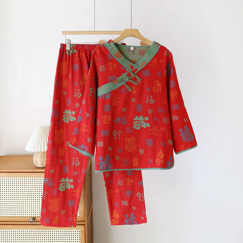 Vêtements de nuit en gaze à double couche pour femmes, pyjama en coton, col en V, manches longues, m