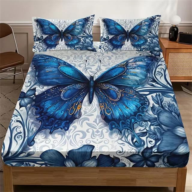 Ensemble de Drap-Juste Floral Papillon Bleu, 1 Drap-Juste + 2 Taies d'Oreiller Sans Insert, Impressi