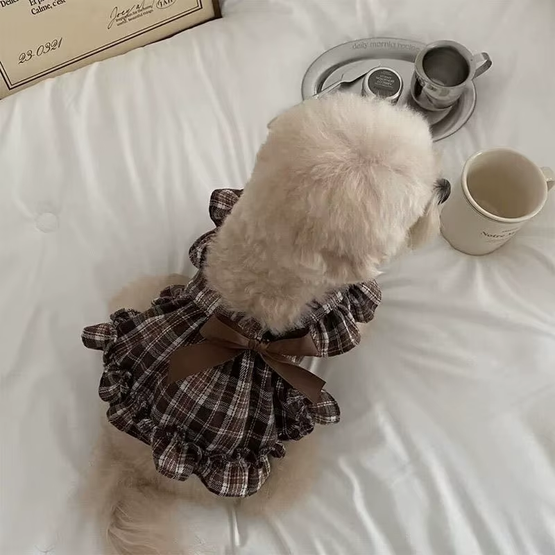 Pet printemps Plaid fleur bourgeon pantalon mignon citrouille jupe chien princesse Plaid nœud jupe T