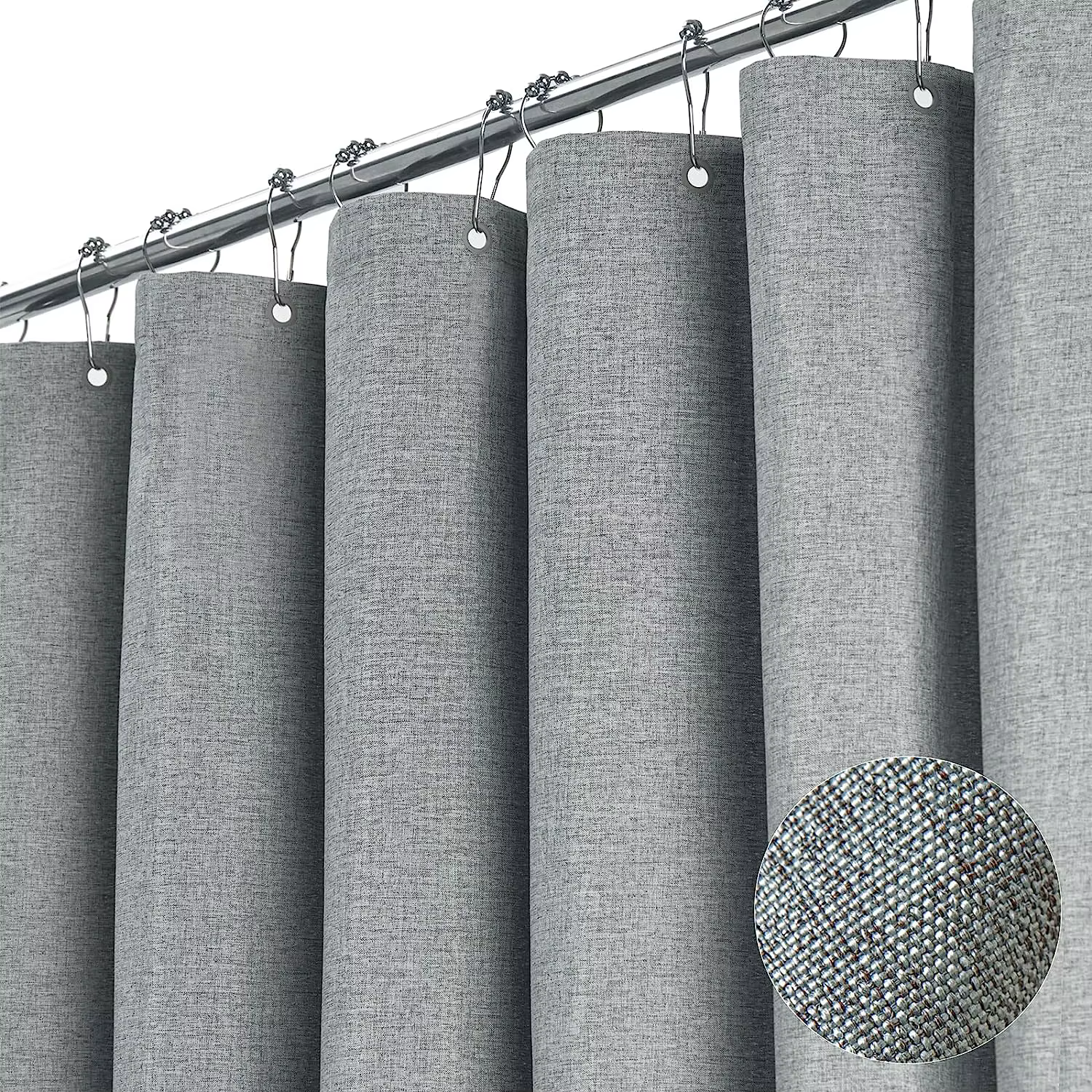 Rideau de douche en lin de luxe avec crochets en métal argenté, tissu optique imperméable, grande ho