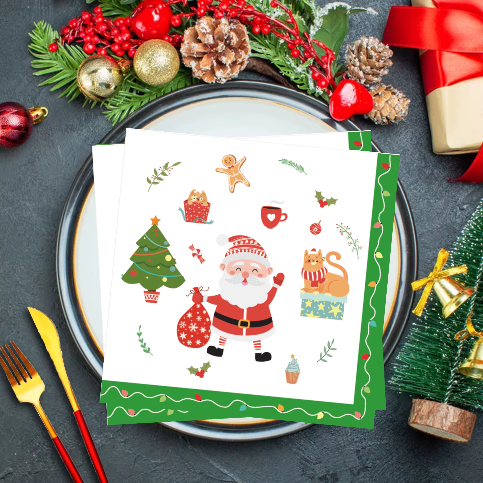 20 serviettes en papier à thème Père Noël de dessin animé - Arbre de Noël, Bonhomme en pain d'épices