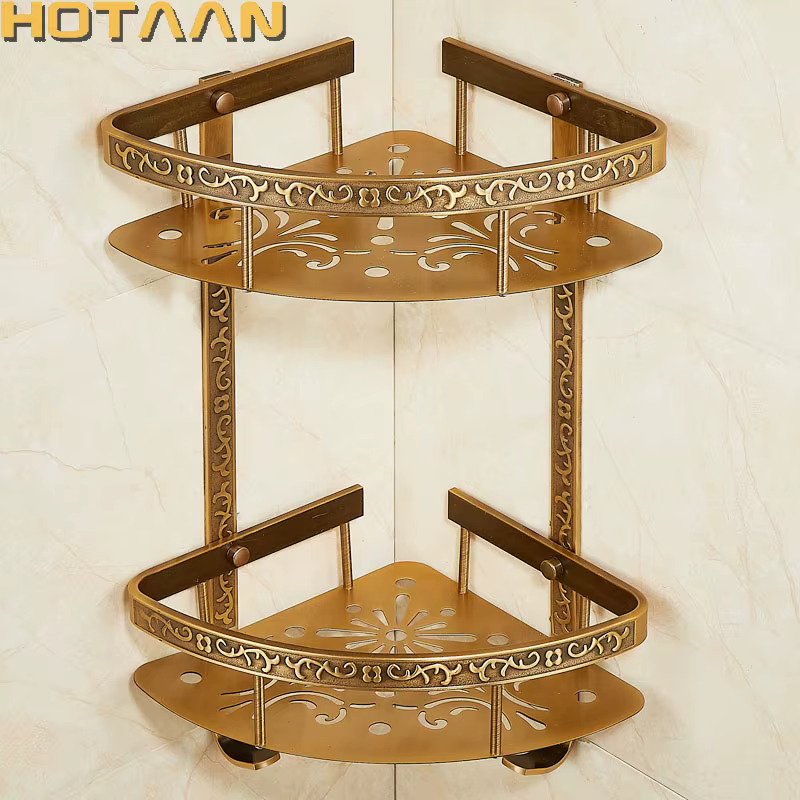 Étagère de salle de bain en aluminium antique, double couche, support d'angle de salle de bain, pani