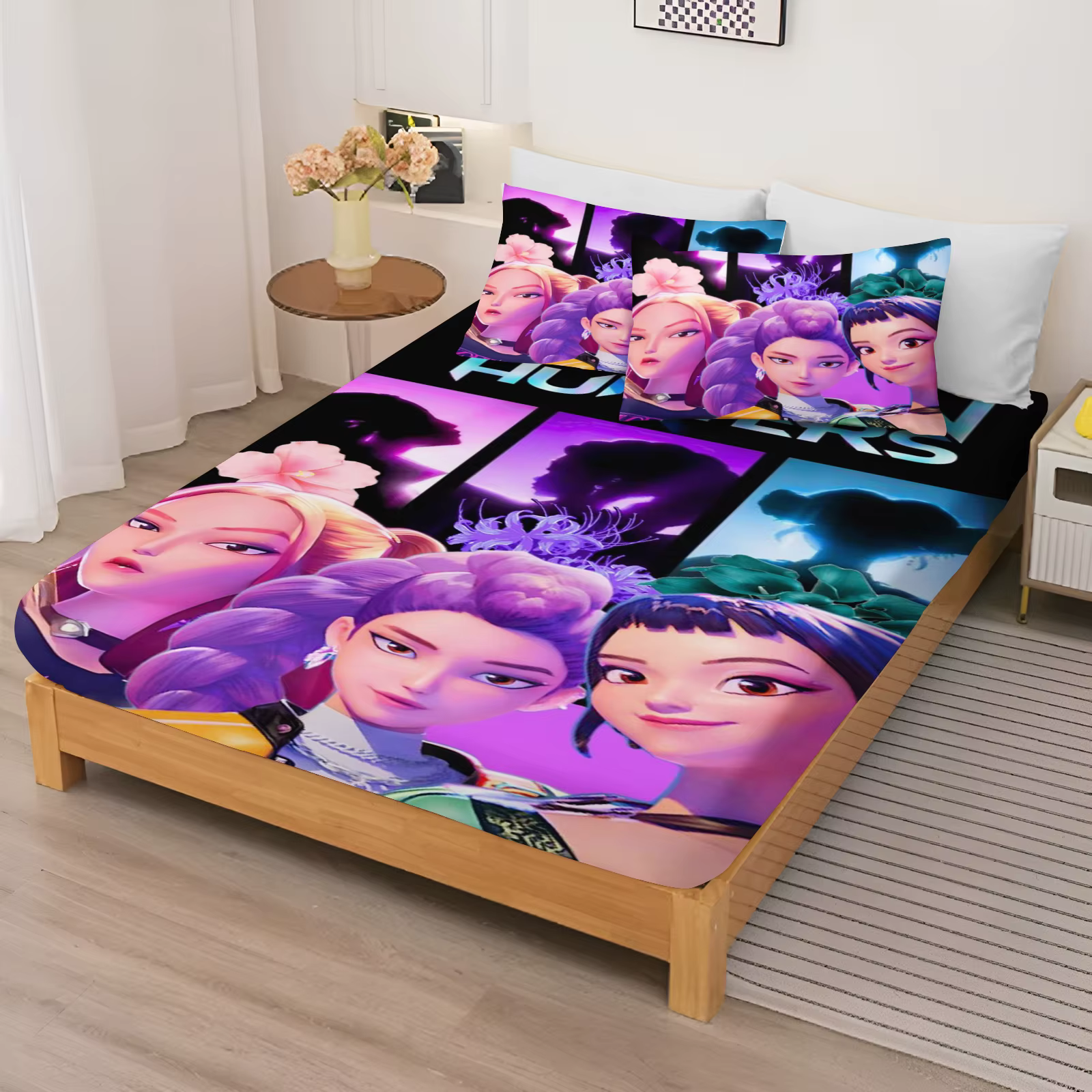 Parure de lit et taies d'oreiller pour filles, motif dessin animé, drap-housse élastique imprimé num