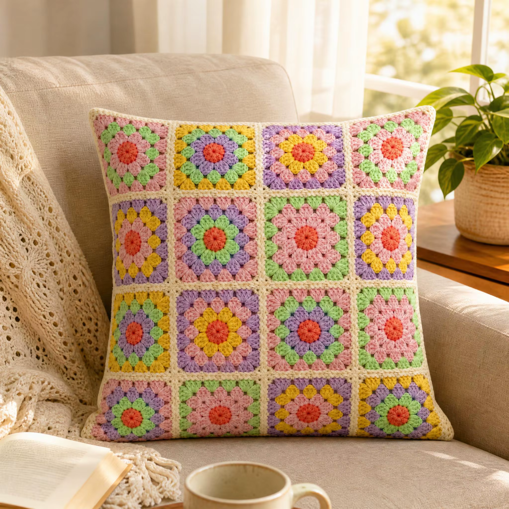 Housse de coussin au crochet motif carré Granny Square, imprimé floral et cœurs pastel, style bohème