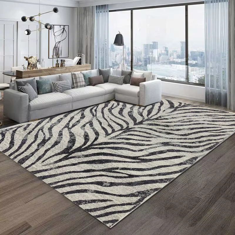 Tapis minimaliste à motif zèbre, lignes noires et blanches, taille confortable, pour salon, chambre 