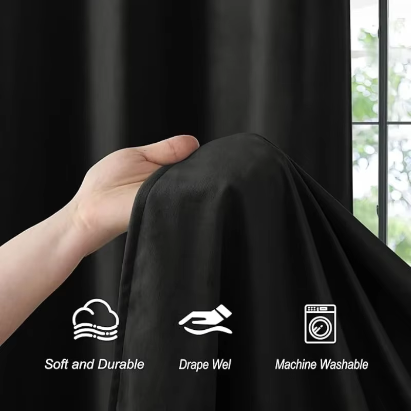 Rideau en velours noir demi- occultant, en tissu fin, pour salon, chambre à coucher, salle à manger,
