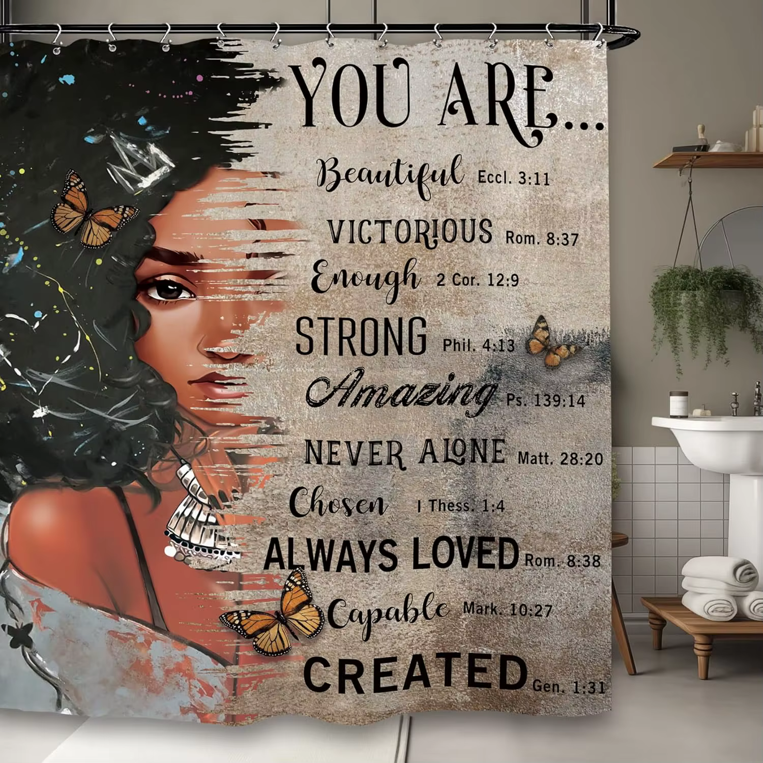 Rideau de douche vert olive afro-américain, fille noire, peinture à l'huile de fleurs, accessoires d