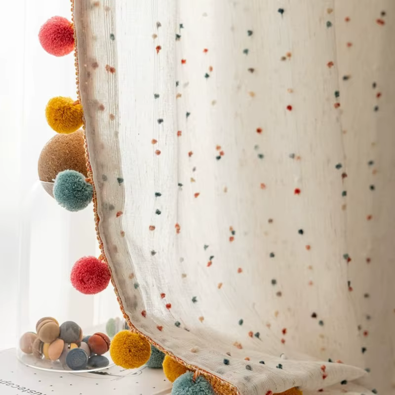Rideau en Tulle transparent brodé boule de cheveux arc-en-ciel, 1 paire, avec pompons en dentelle, p