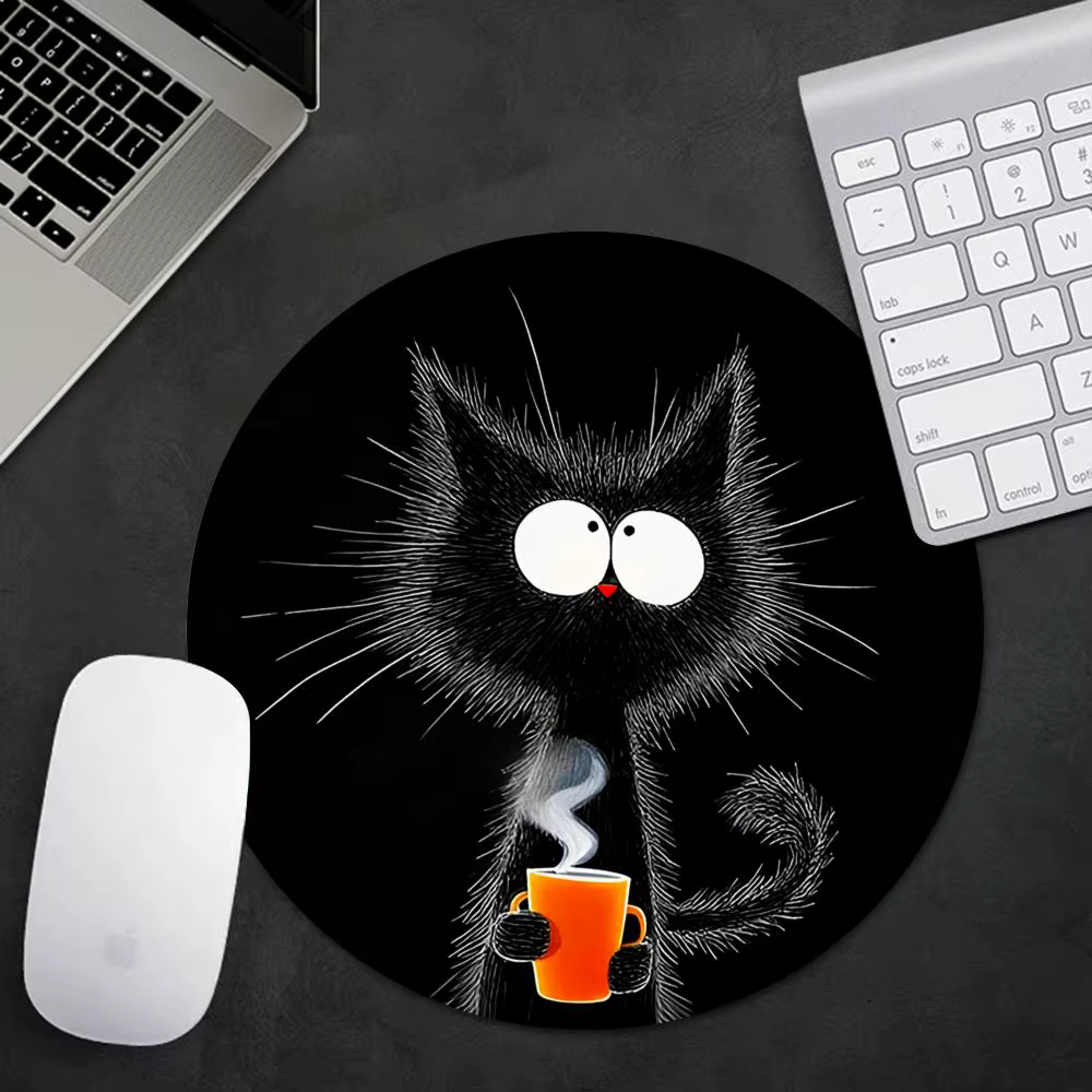 Tapis de souris rond à motif de chat noir, Base en caoutchouc antidérapante, confortable et Durable,