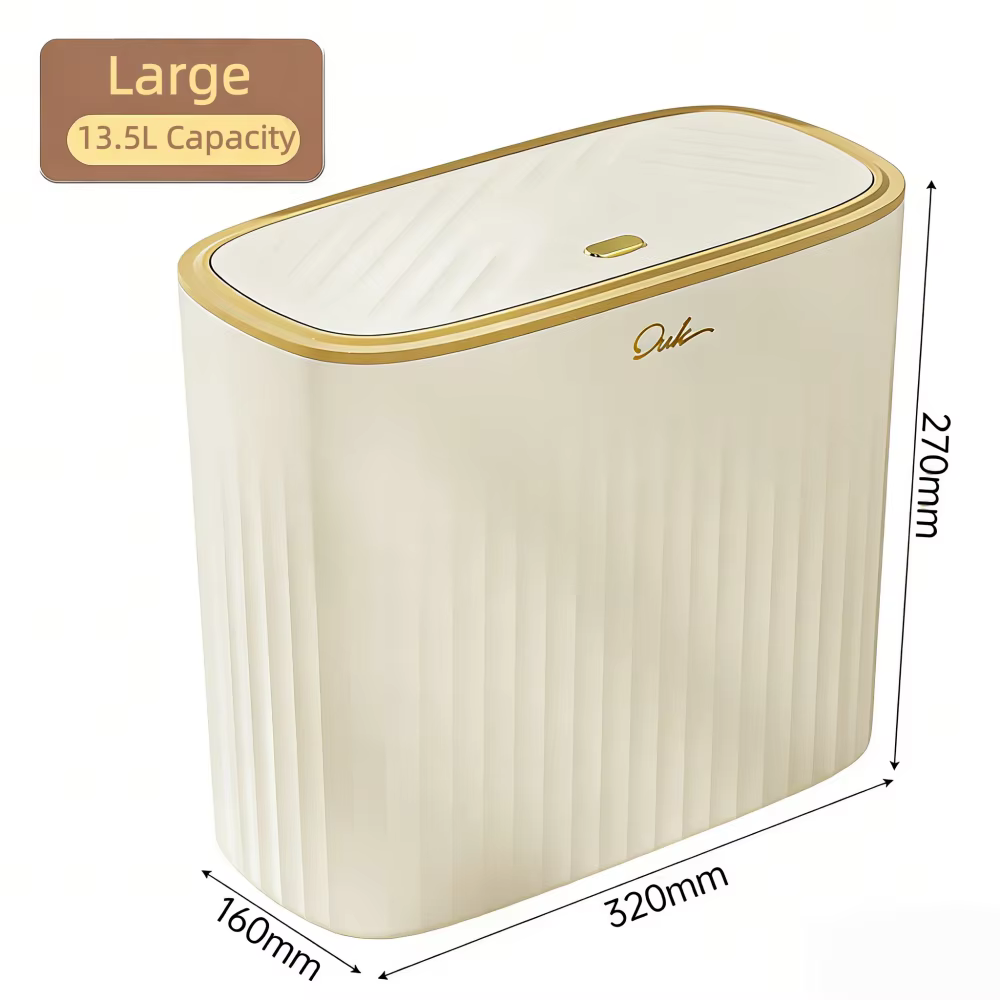 Poubelle beige avec garniture dorée, étroite et fine, à ouverture par pression, avec couvercle, pour