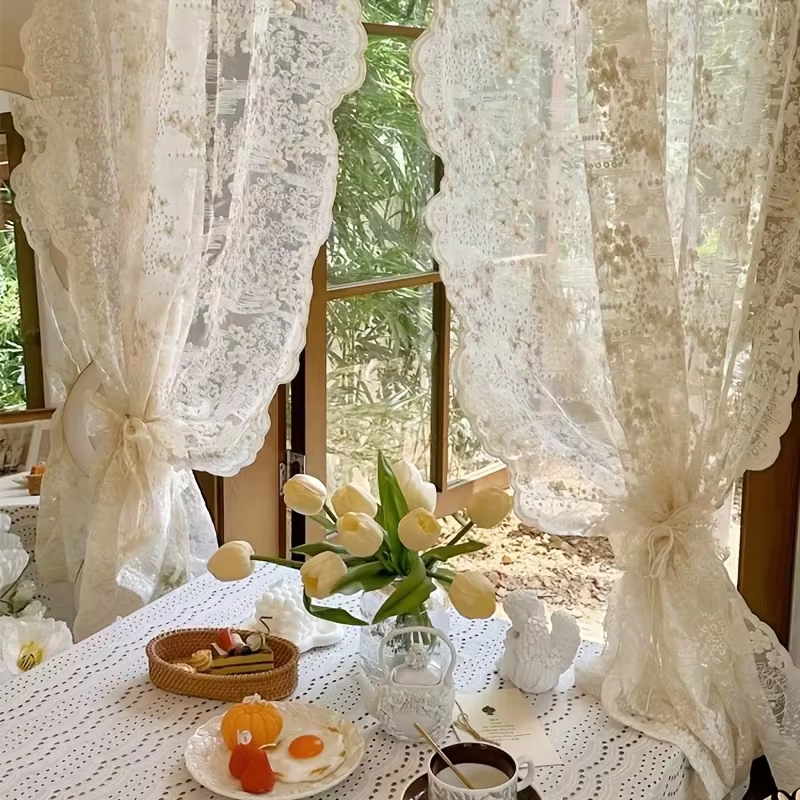 Rideau en dentelle brodée de fleurs de style français, avec passe-tringle, idéal pour les chambres, 