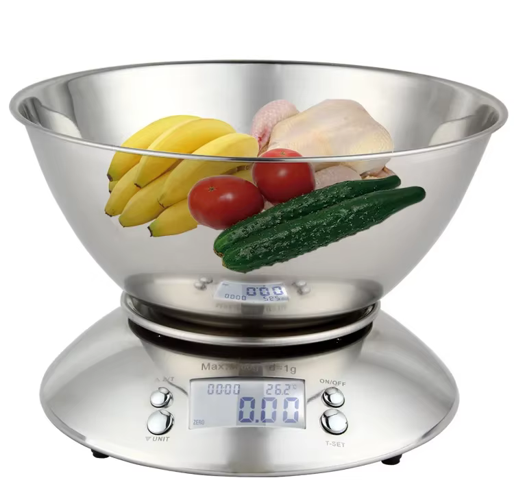 Balance de cuisine domestique en acier inoxydable avec horloge et bol, conception séparée, accessoir