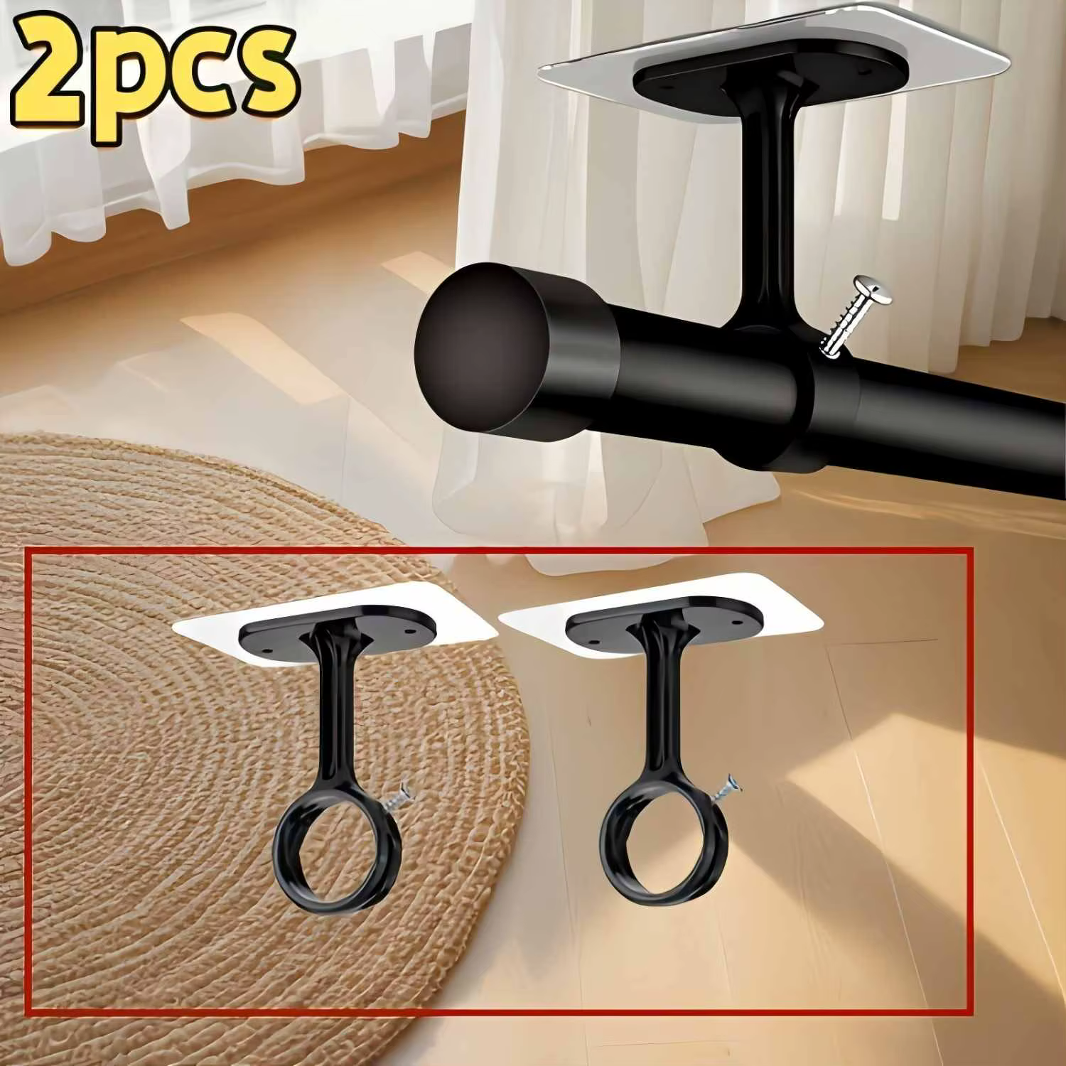 Support de tringle à rideau de plafond non perforé, 2 pièces, crochet réglable auto-adhésif robuste,
