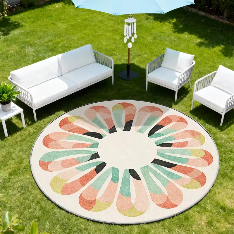 Tapis rond d'extérieur Mid-Century Pastel Petal, imprimé géométrique abstrait en forme de fleur, ant