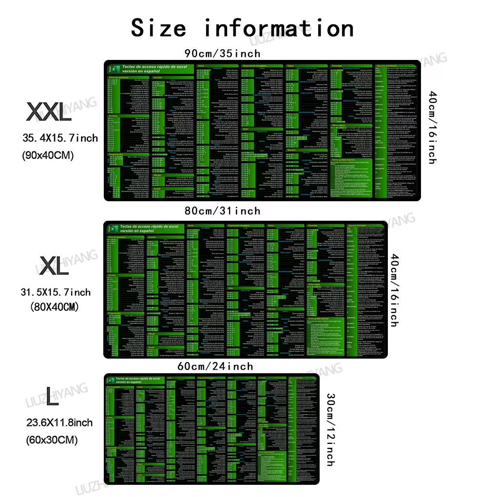 Tapis de souris Excel raccourcis espagnol, grand tapis de bureau étendu XXL, grand clavier, en caout