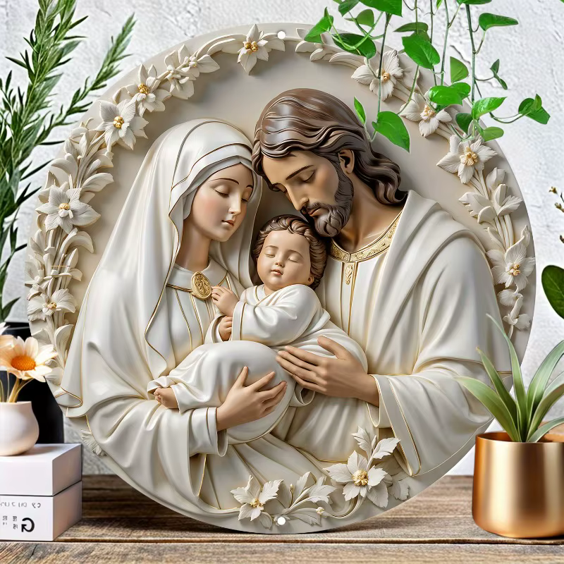Art mural d'emblème de la Sainte Famille, décor rond en métal, panneau d'affiche en aluminium pour l