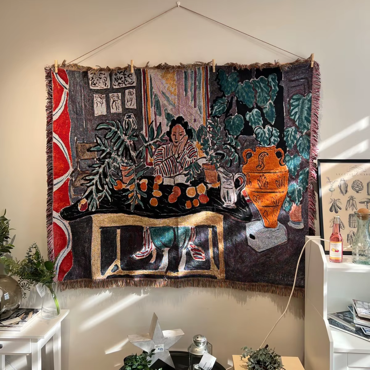 Tapisserie murale vintage style Fauvisme avec motif vase étrusque, couverture tissée bohème avec fra