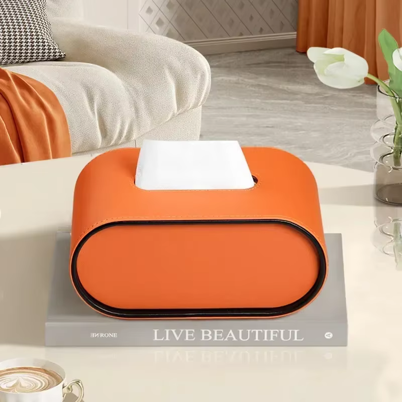 Boîte à mouchoirs ovale en cuir de luxe léger, porte-serviettes créatif pour le salon, la chambre à 