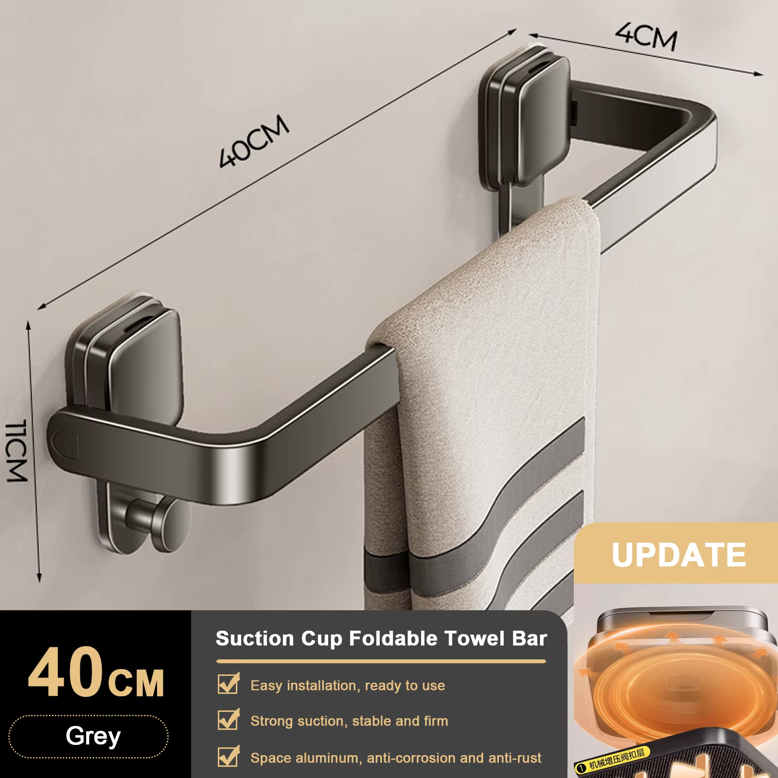 Porte-serviettes mural pliable à ventouse pour salle de bain, sans perçage, 30/40/50 cm, barre porte