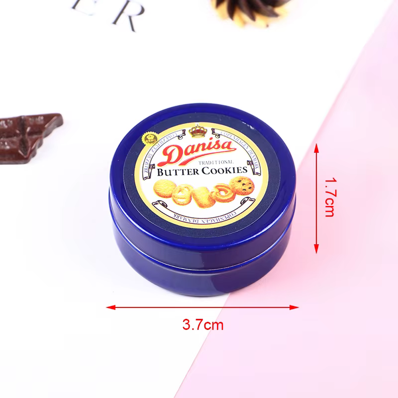 1 ensemble de mini jouets 1/12, maison de poupée miniature, boîte en étain bleue pour biscuits danoi