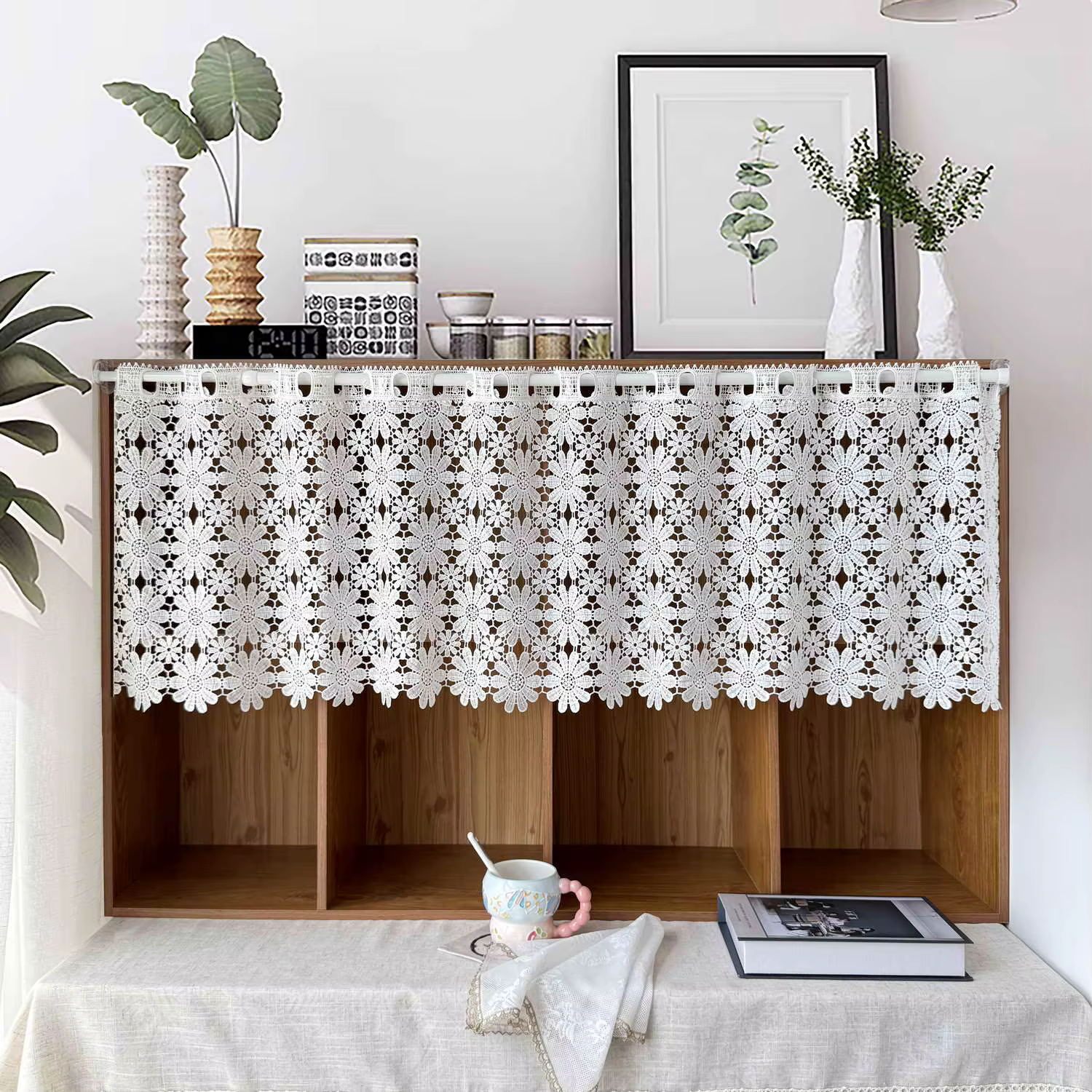 Rideau en dentelle florale romantique blanc, soluble dans l'eau, traitement de fenêtre au Crochet po