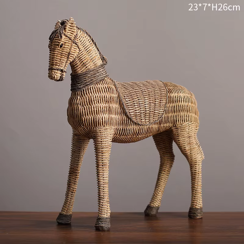 Sculpture en résine de cheval en rotin de Style Wabi-Sabi, Figurine d'animal Vintage pour salon, bib