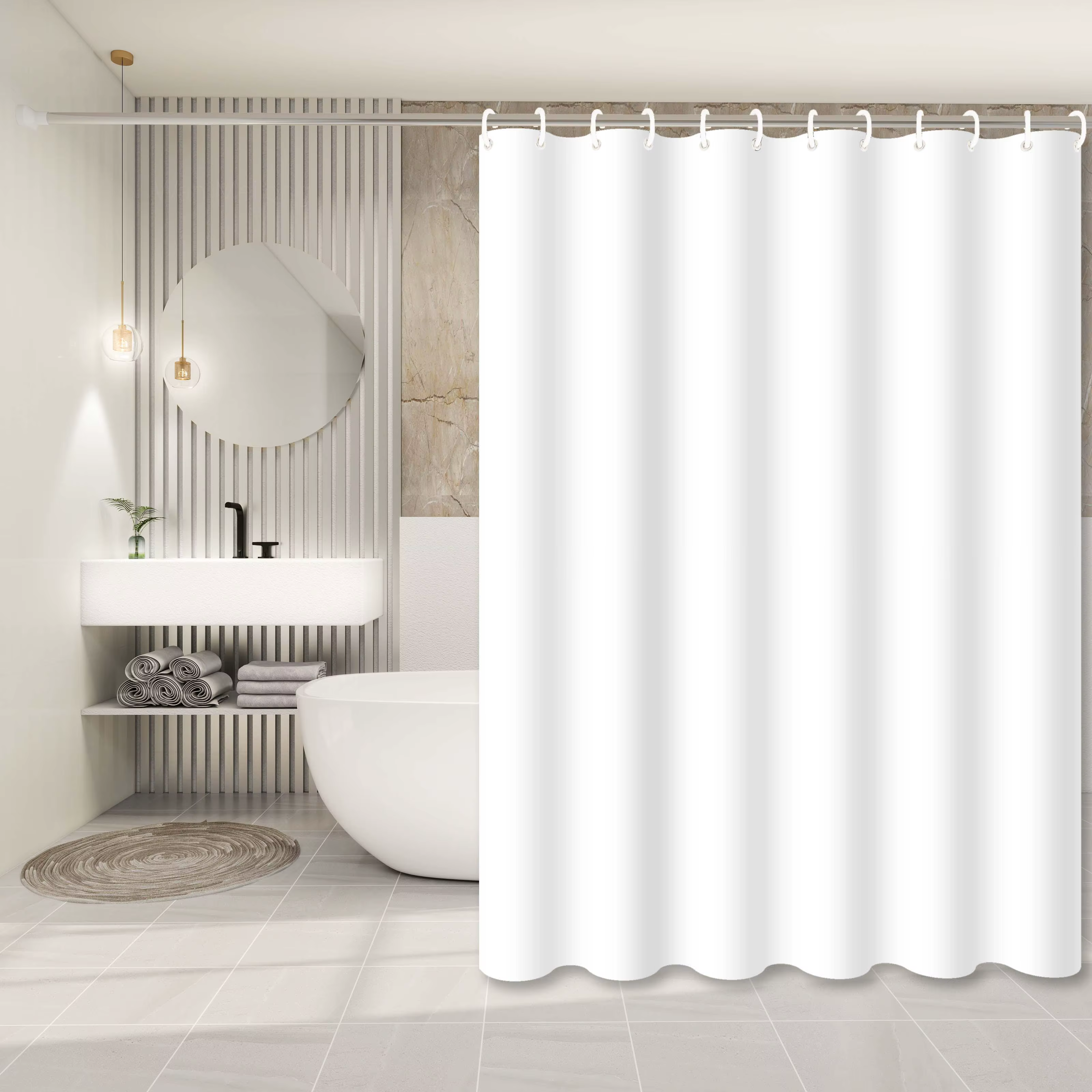 Rideau de douche uni blanc pur, rideau de séparation de salle de bain minimaliste, créant un espace 