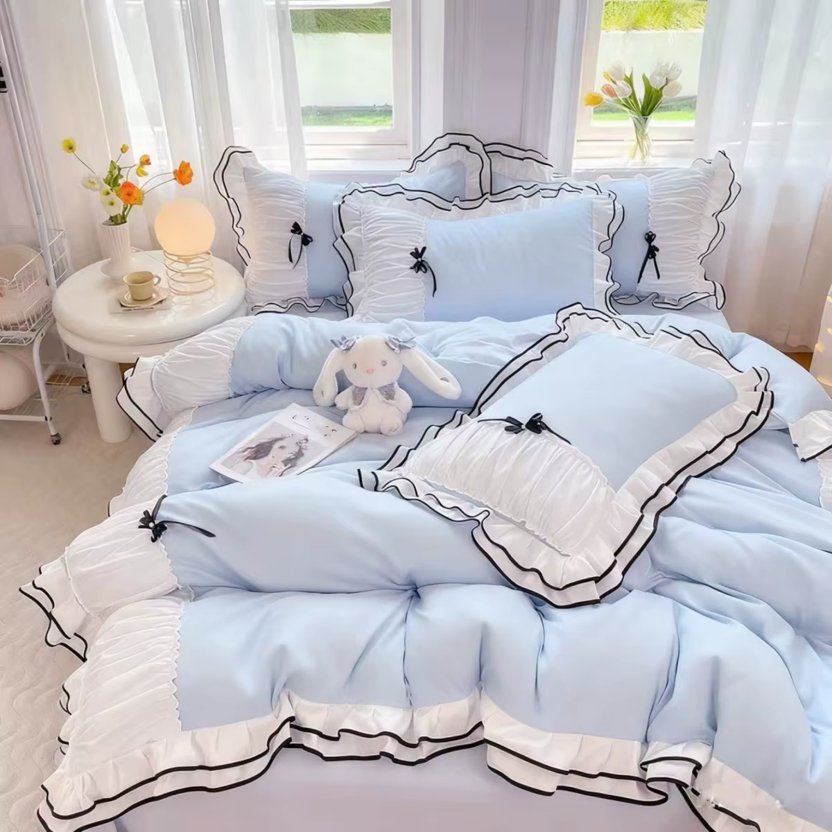 Ensemble de housse de couette avec nœud bleu, 4 pièces (1 * housse de couette + 2 * taie d'oreiller 