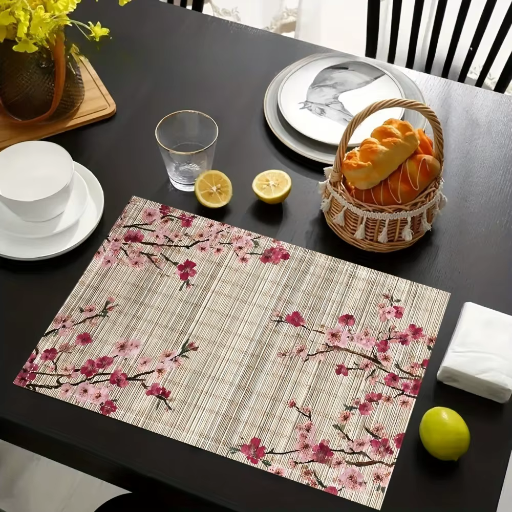 1 pièce, set de table en bambou à impression recto simple, motif fleurs de cerisier aux tons doux, s
