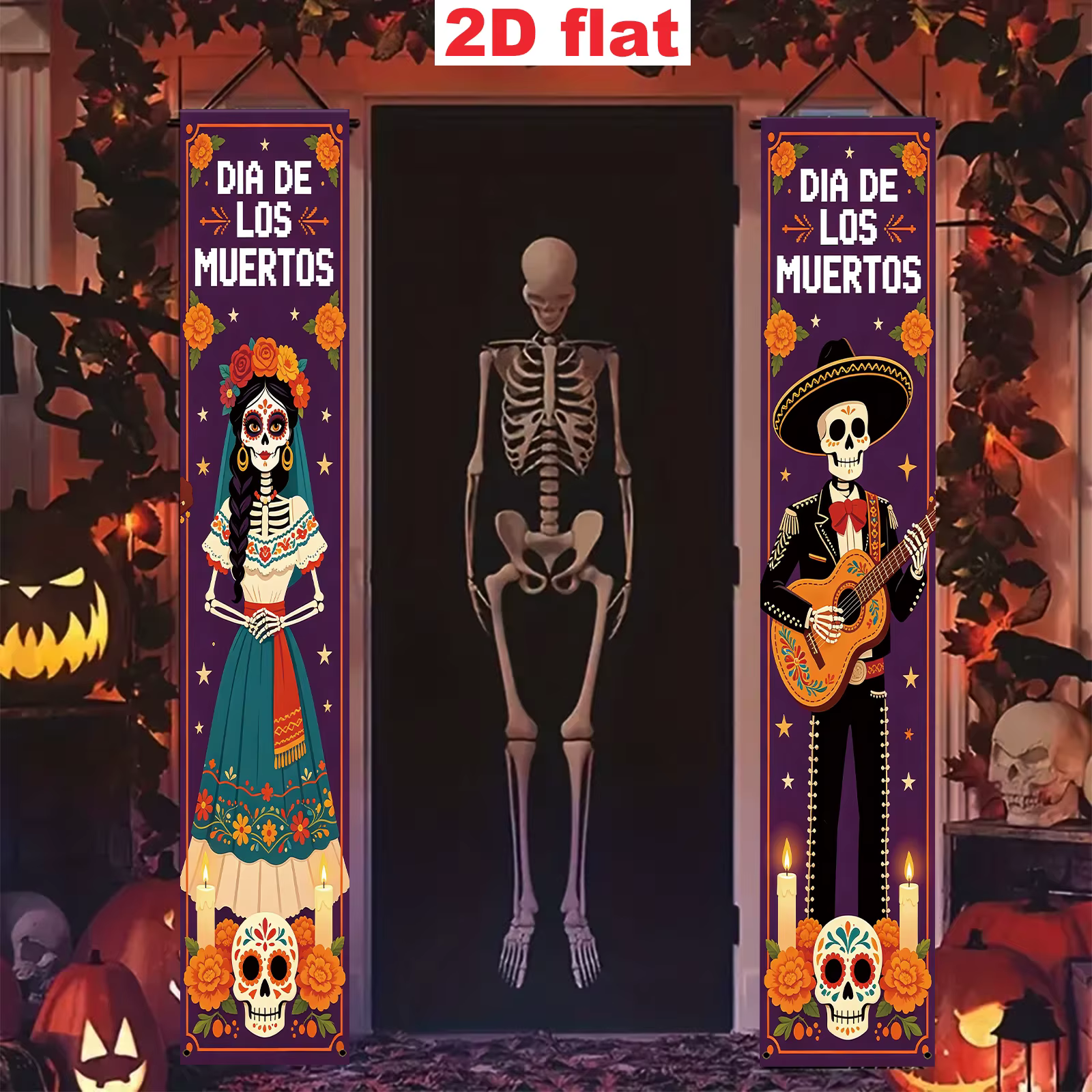 2 pièces, en polyester, ensemble sur le thème du Jour des Morts mexicain, adapté aux panneaux de por