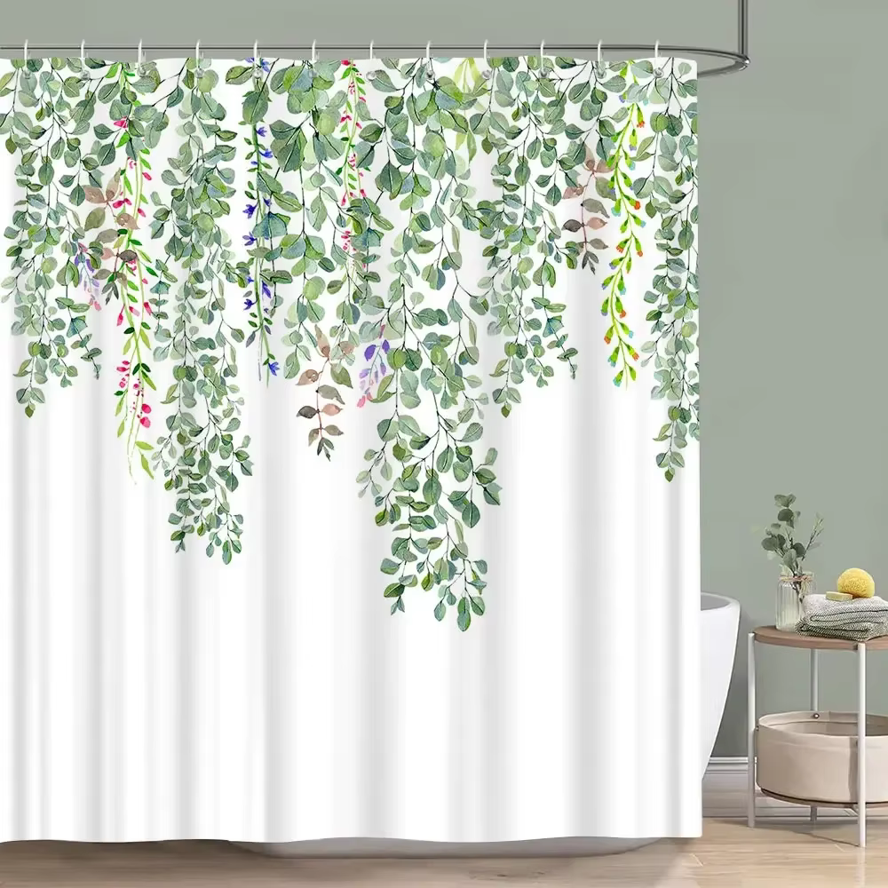 Rideau de douche vert sauge, plante botanique, feuille d'eucalyptus, aquarelle, feuilles vertes, rid