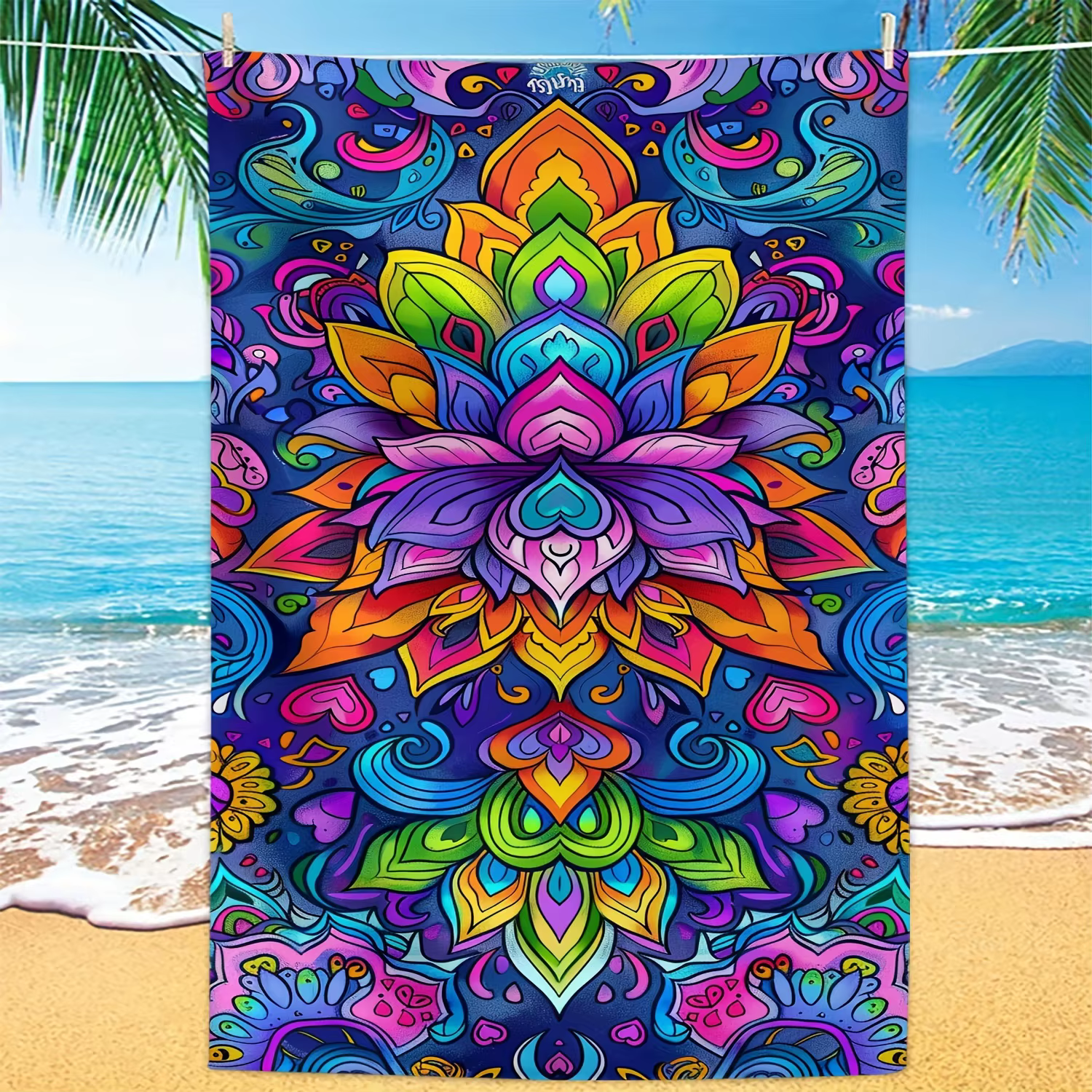 Serviette de plage à motif bohème Mandala Lotus aux couleurs vives, tissu fin à séchage rapide, parf