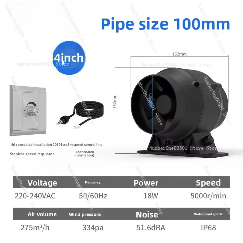 Ventilateur de ventilation puissant à conversion de fréquence de 4 pouces, ventilateur d'extraction 