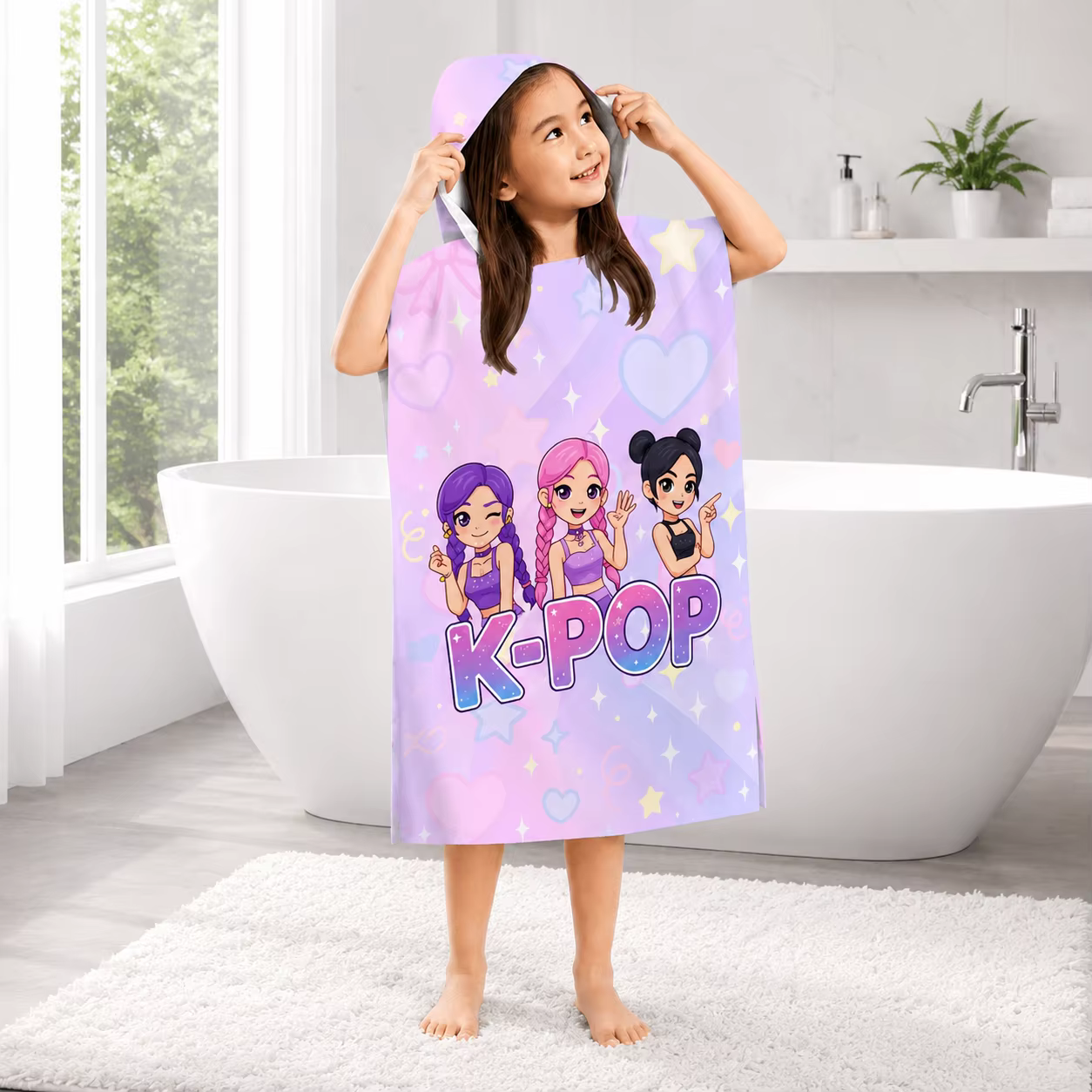 Serviette poncho à capuche style K-Pop pour enfants et adultes, imprimé plat violet, motif idole de 
