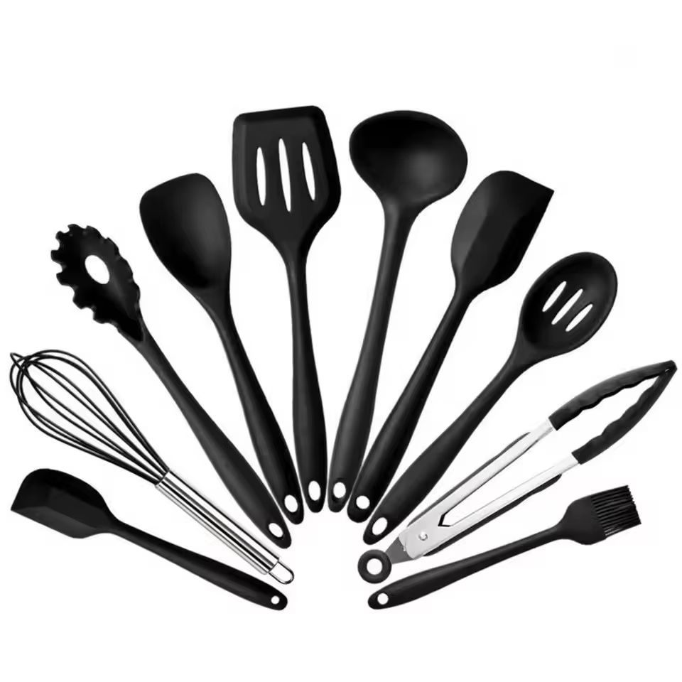 Lot de 10 ustensiles de cuisine en silicone antiadhésifs : pince, cuillère, spatule, cuillère à pâte