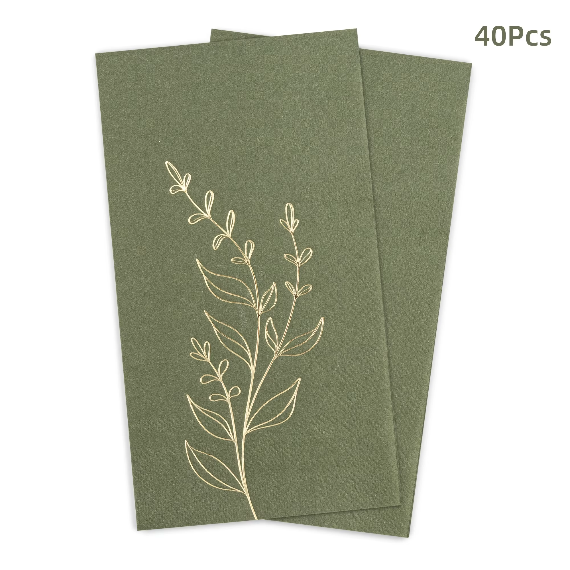 Serviettes vert olive 2 plis jetables en papier avec feuilles dorées pour dîner, pique-nique, fête d