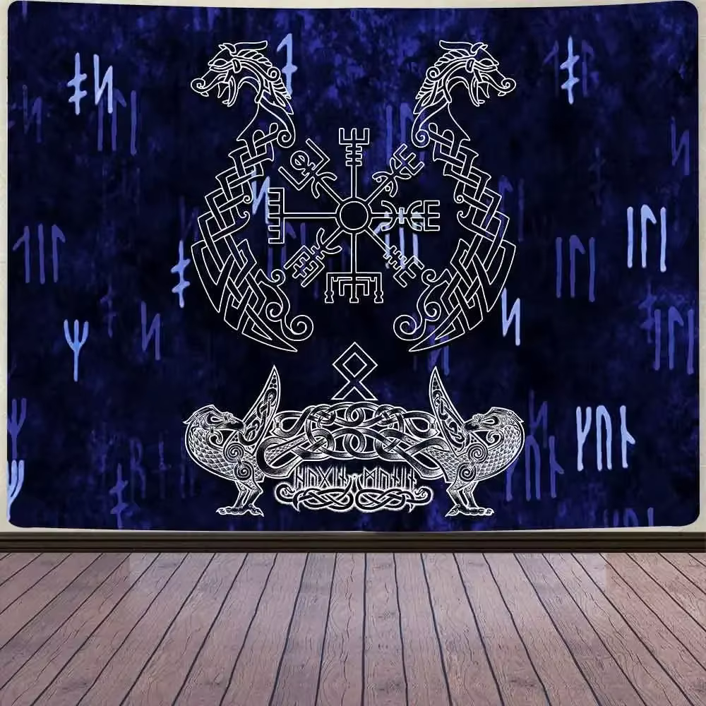 Tapisserie Vikings de la mythologie nordique sans cadre, runes anciennes mystéruses, Totem, Art mura