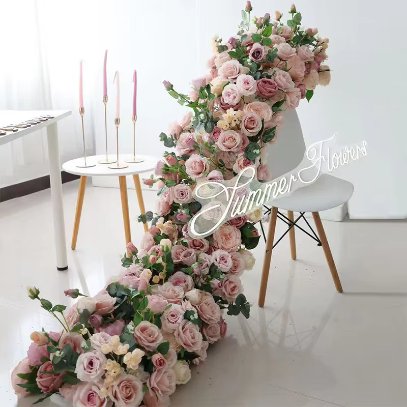 Décor de fond de scène de mariage artificiel en roses blanches, chemin de table floral, centres de t