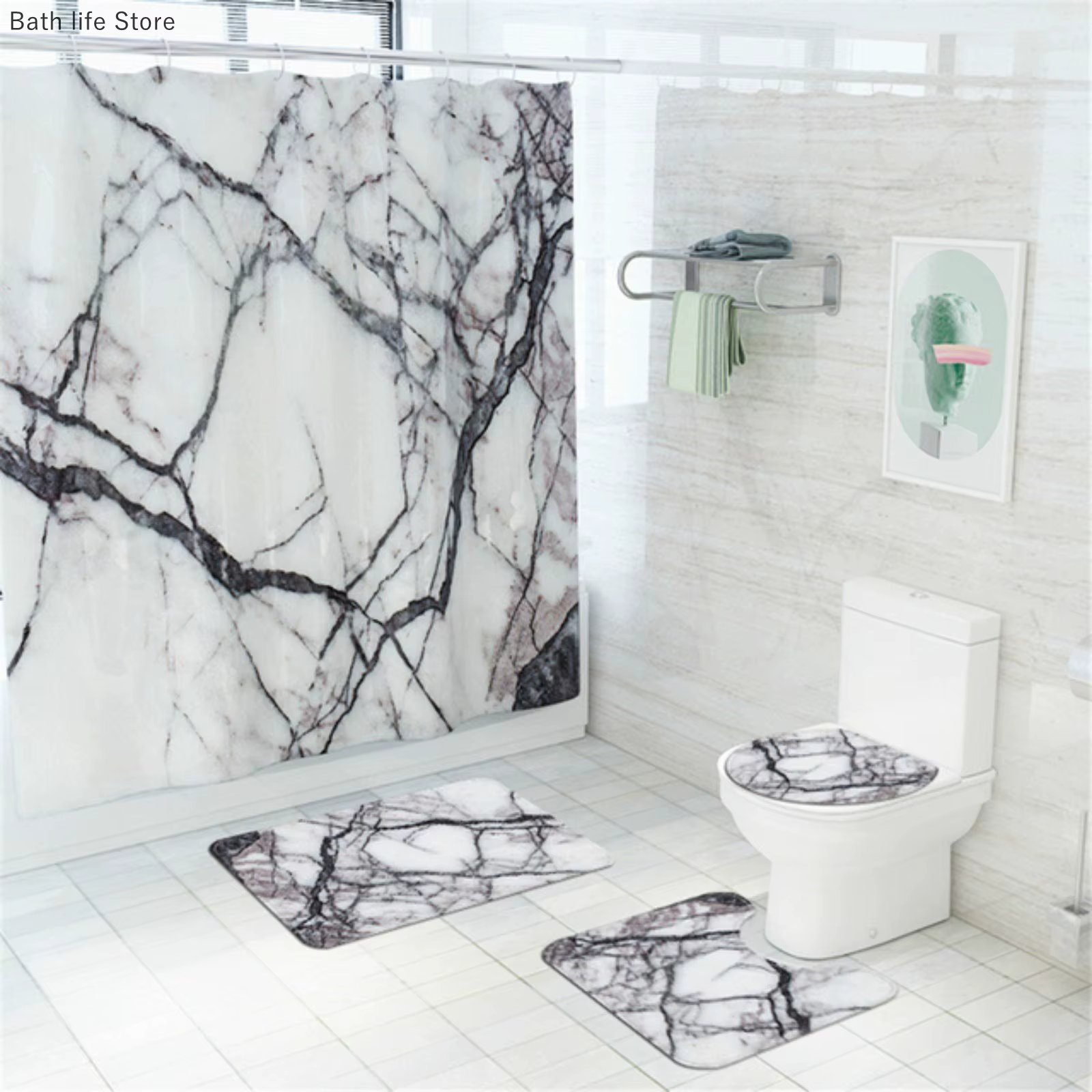 Ensembles de rideaux de douche en marbre, moderne, blanc, or, bain, 3D, luxe, couverture de toilette