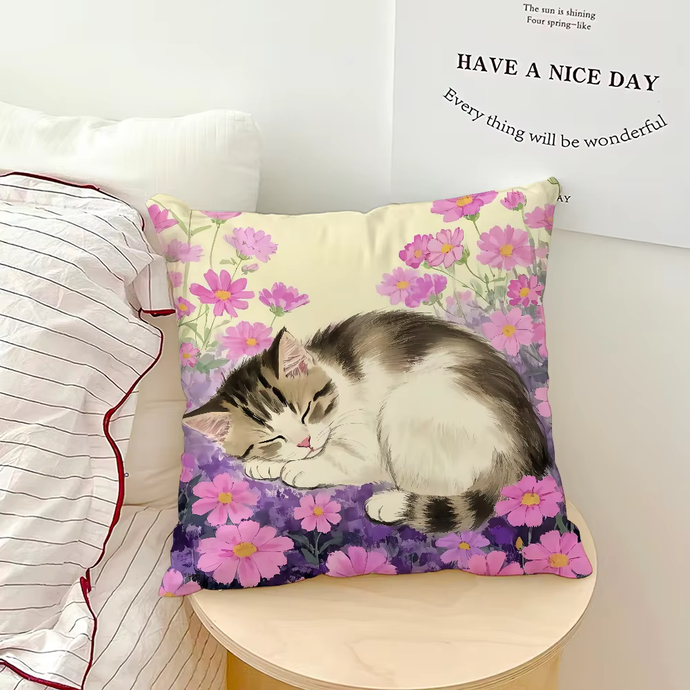 Housse de coussin à fleurs pour chaton mignon, style kawaii, taie d'oreiller douce pour canapé, salo