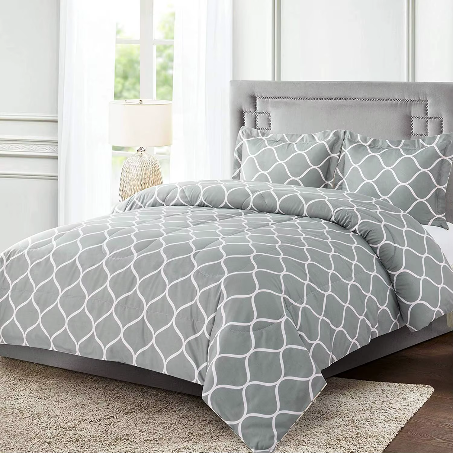Parure de lit double en polyester gris, géométrique, couette, 2 pièces
