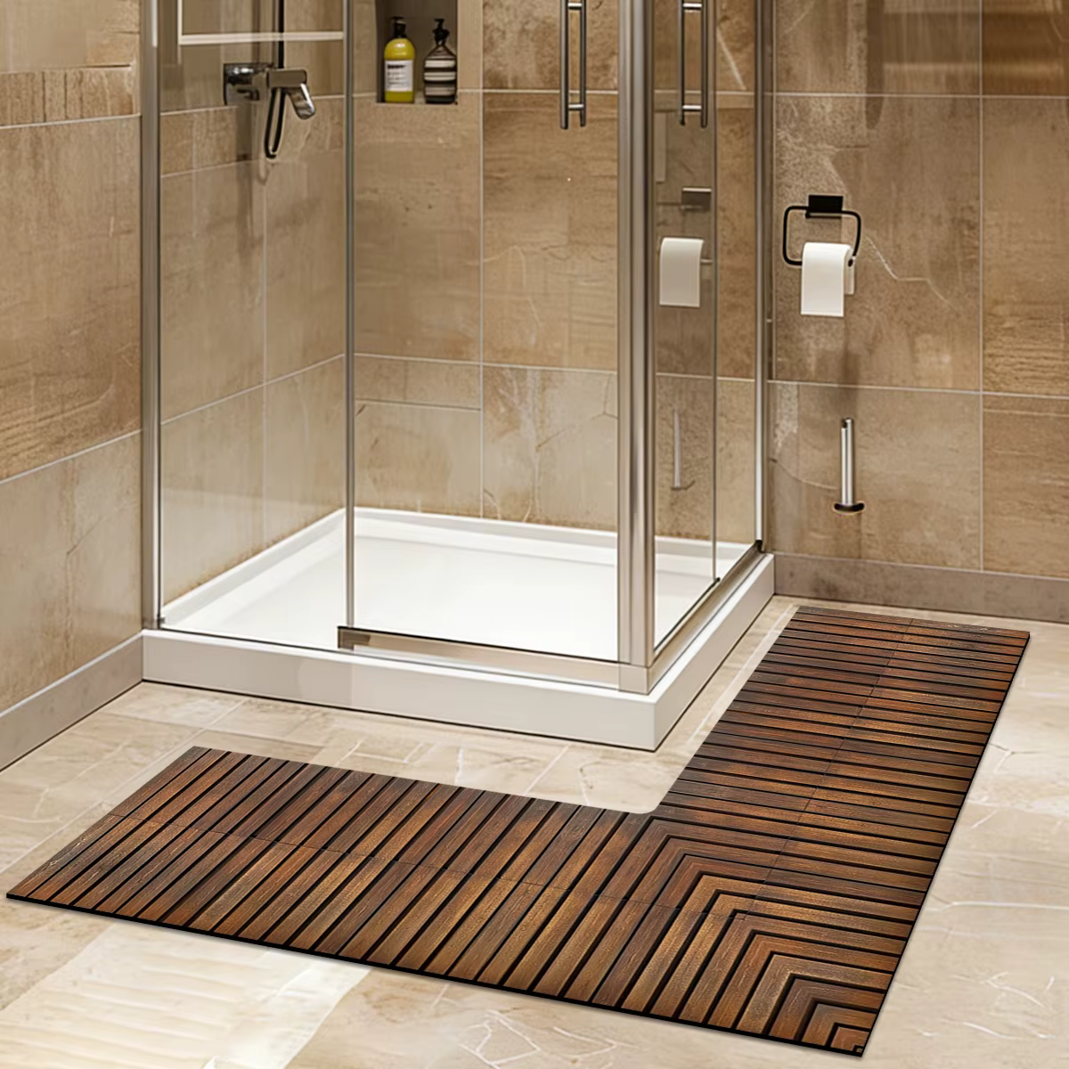 Tapis de sol de salle de bain style grain de bois en forme de L, antidérapant, absorbant en terre de