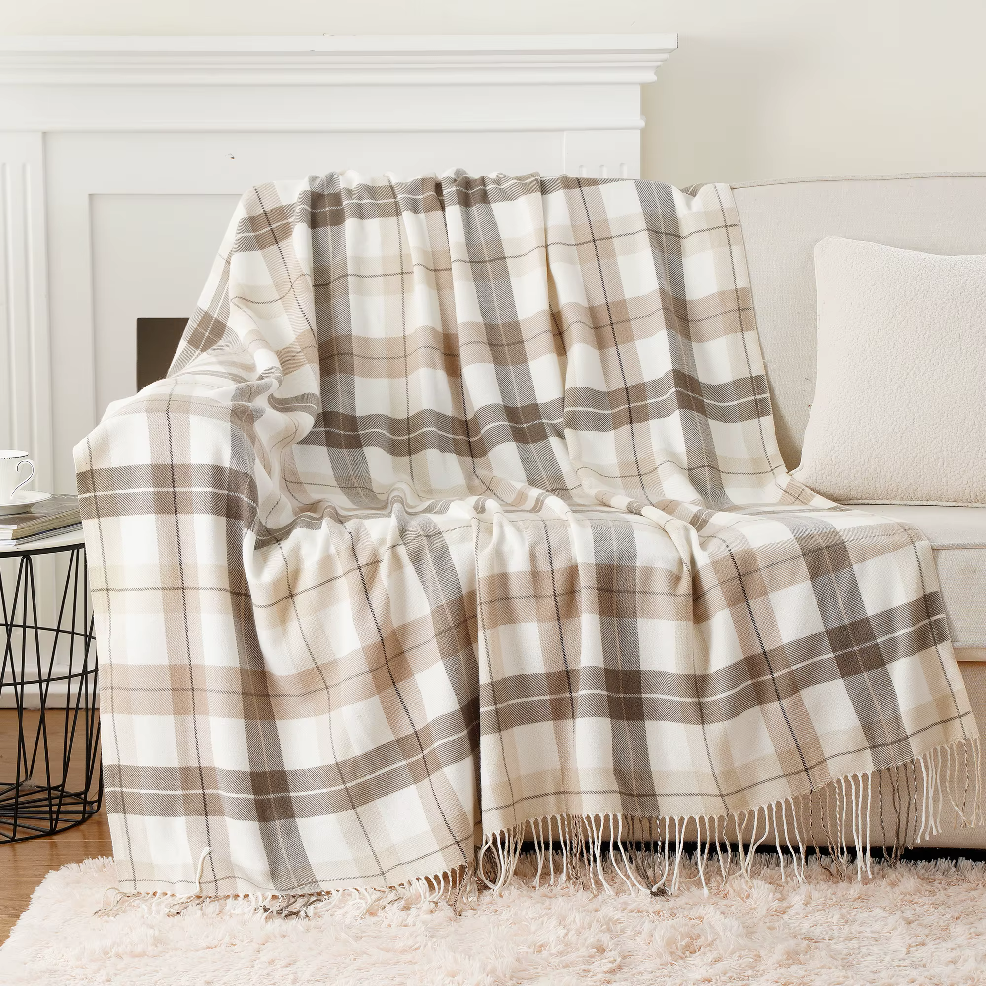 Plaid Battilo pour lit et canapé, beige, léger, couverture en cachemire avec pompons, couverture tri