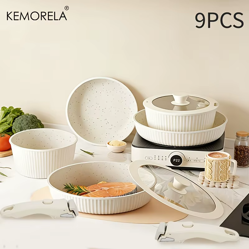 KEMORELA Ensemble de 9 ustensiles de cuisine antiadhésifs avec poignée amovible, compatibles avec le