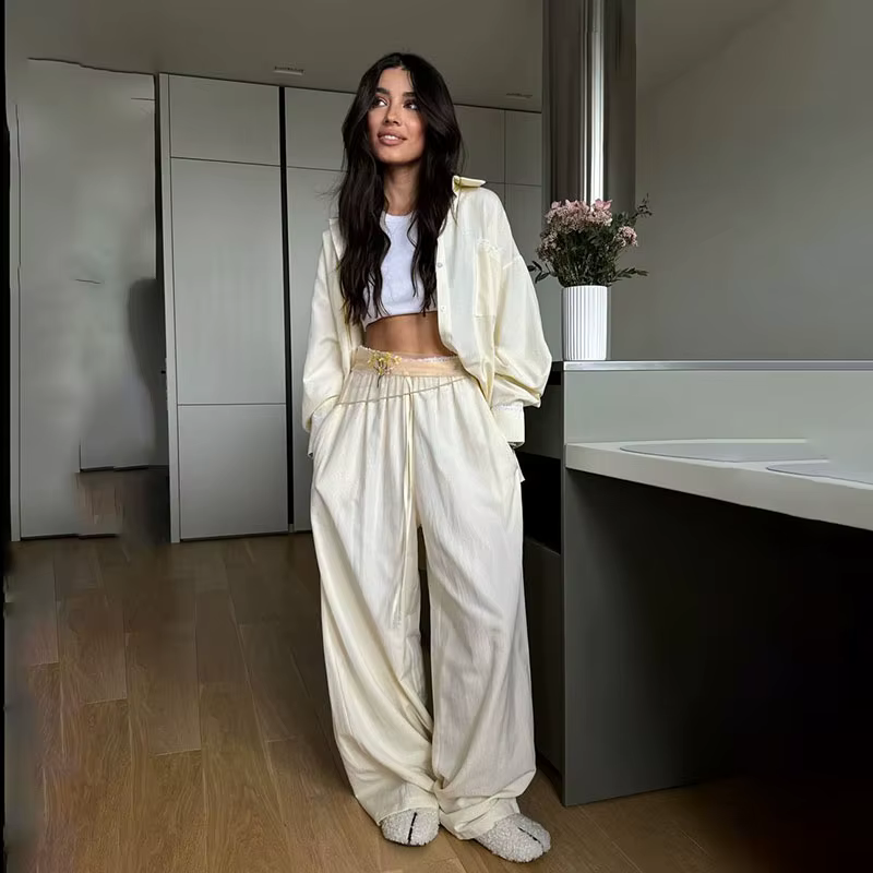 Ensemble de salon classique rayé pour femmes, chemise à manches longues avec poche utilitaire à reve