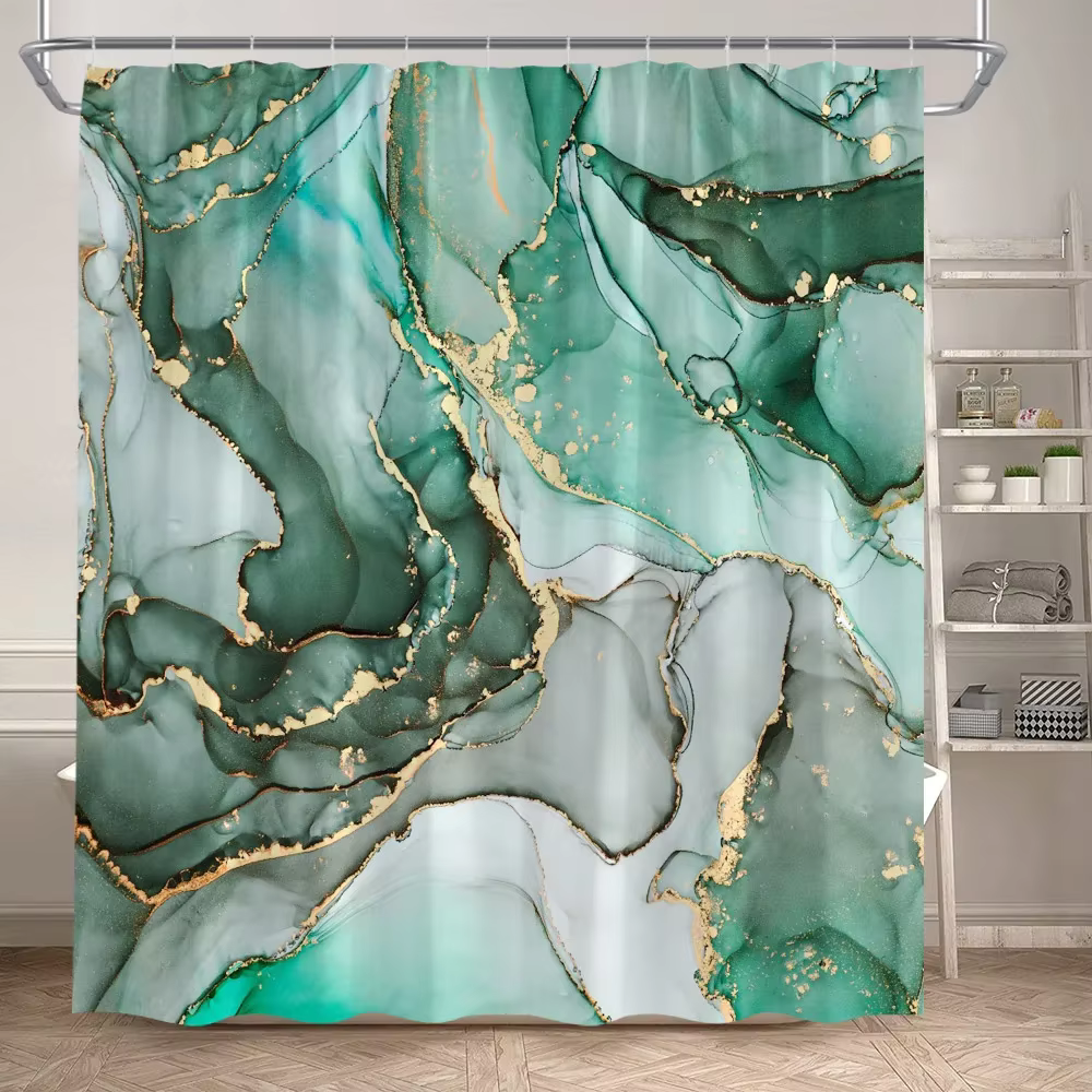 Ensemble de rideaux de douche en marbre vert, créatif, aquarelle, encre, Art géométrique moderne, dé