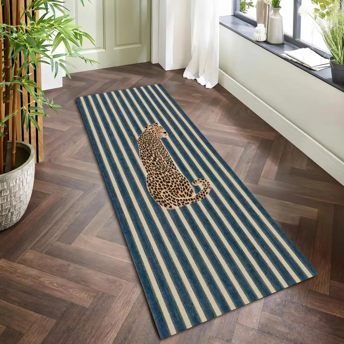 Tapis de couloir moderne à motif léopard, imprimé rayures verticales bleues, tapis de bienvenue anti