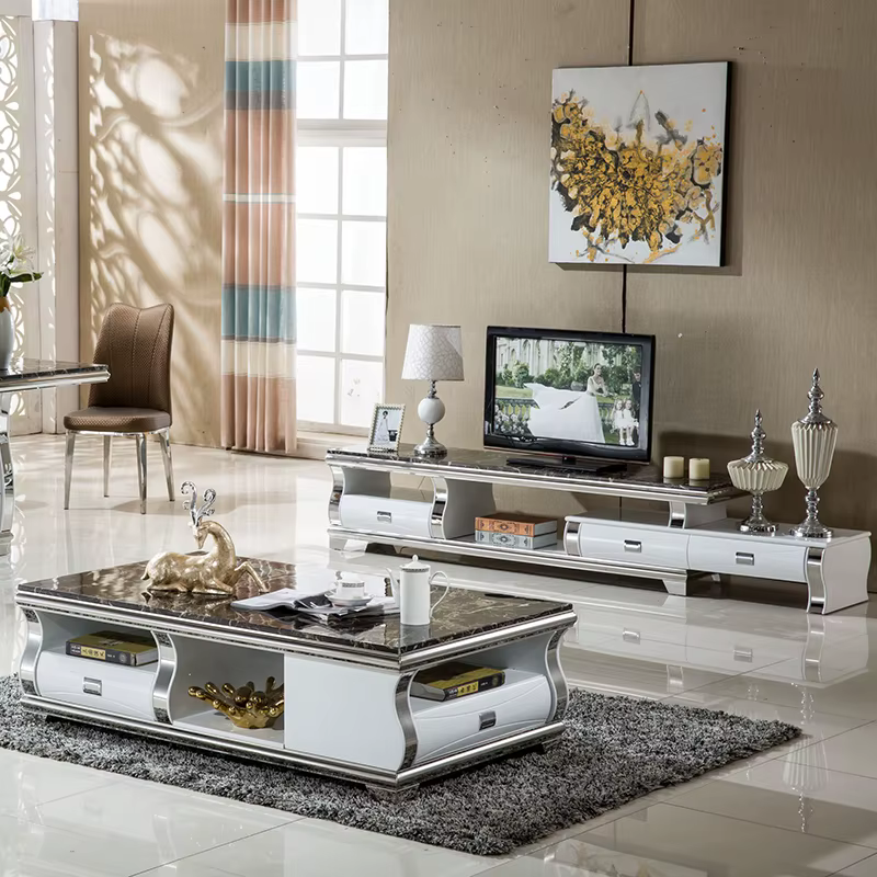 Linlamlim mn-Ensemble de meubles de salon en acier inoxydable, meuble TV pliable en marbre et table 
